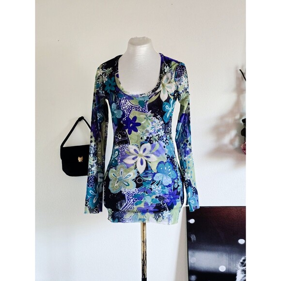 Unbranded Tops - Blue Green Floral Mod Long Sleeve Mesh T-shirt Top S M